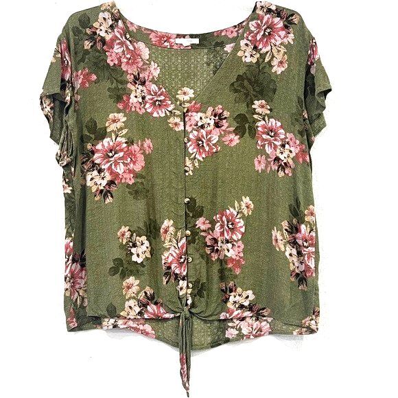 Maurices Tops - Maurices Womens Green and Pink Floral Short Sleeve Blouse Size XL